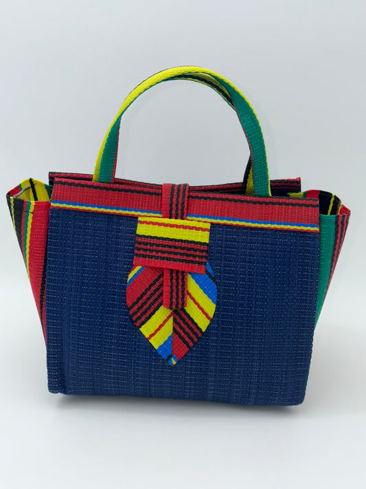 Berry Medium handwoven tote bag by SCRUBIES in Blue,Red,Yellow,Green with Solid design and Leaf accent pattern