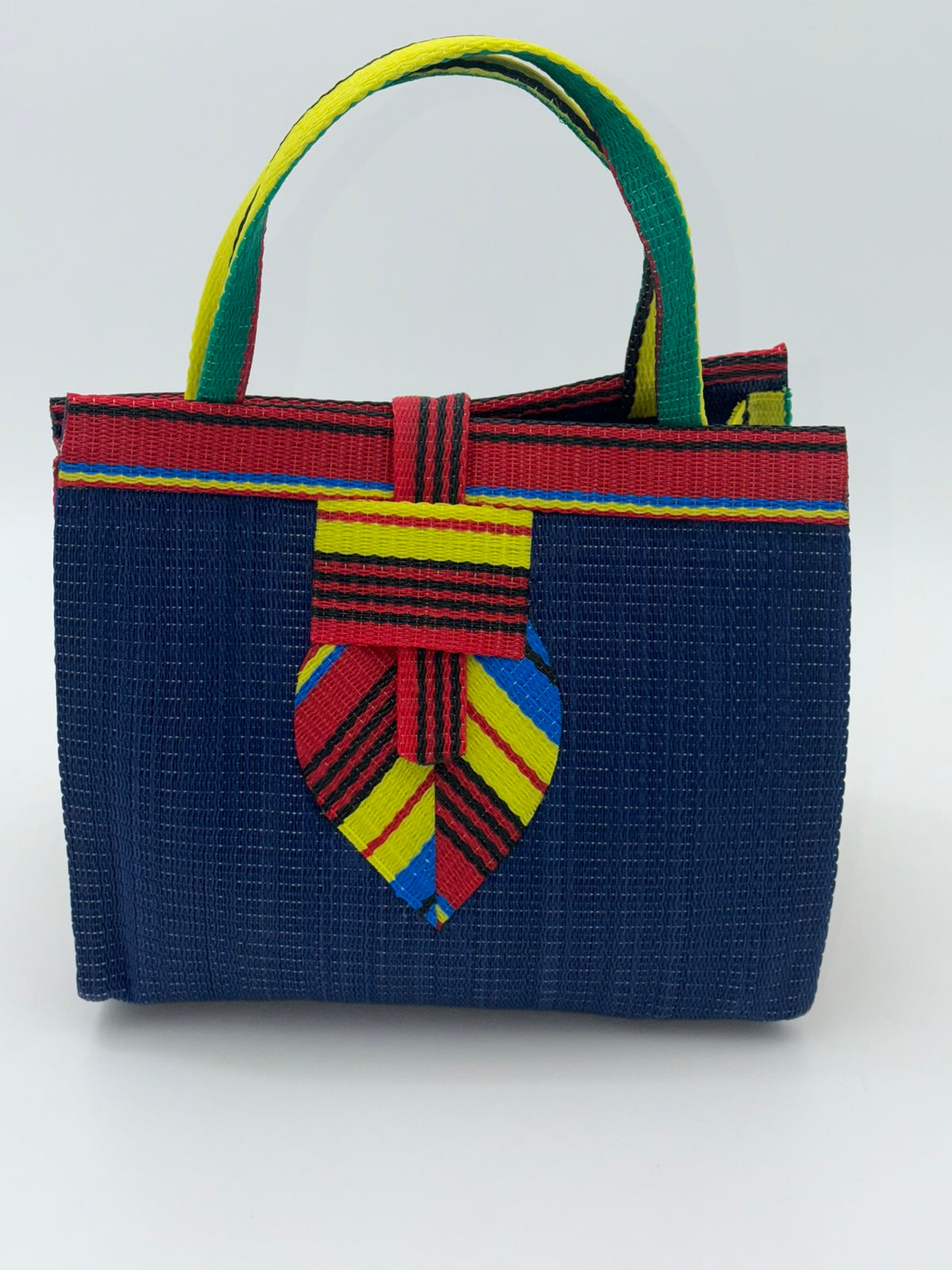 Berry Medium handwoven tote bag by SCRUBIES in Blue,Red,Yellow,Green with Solid design and Leaf accent pattern