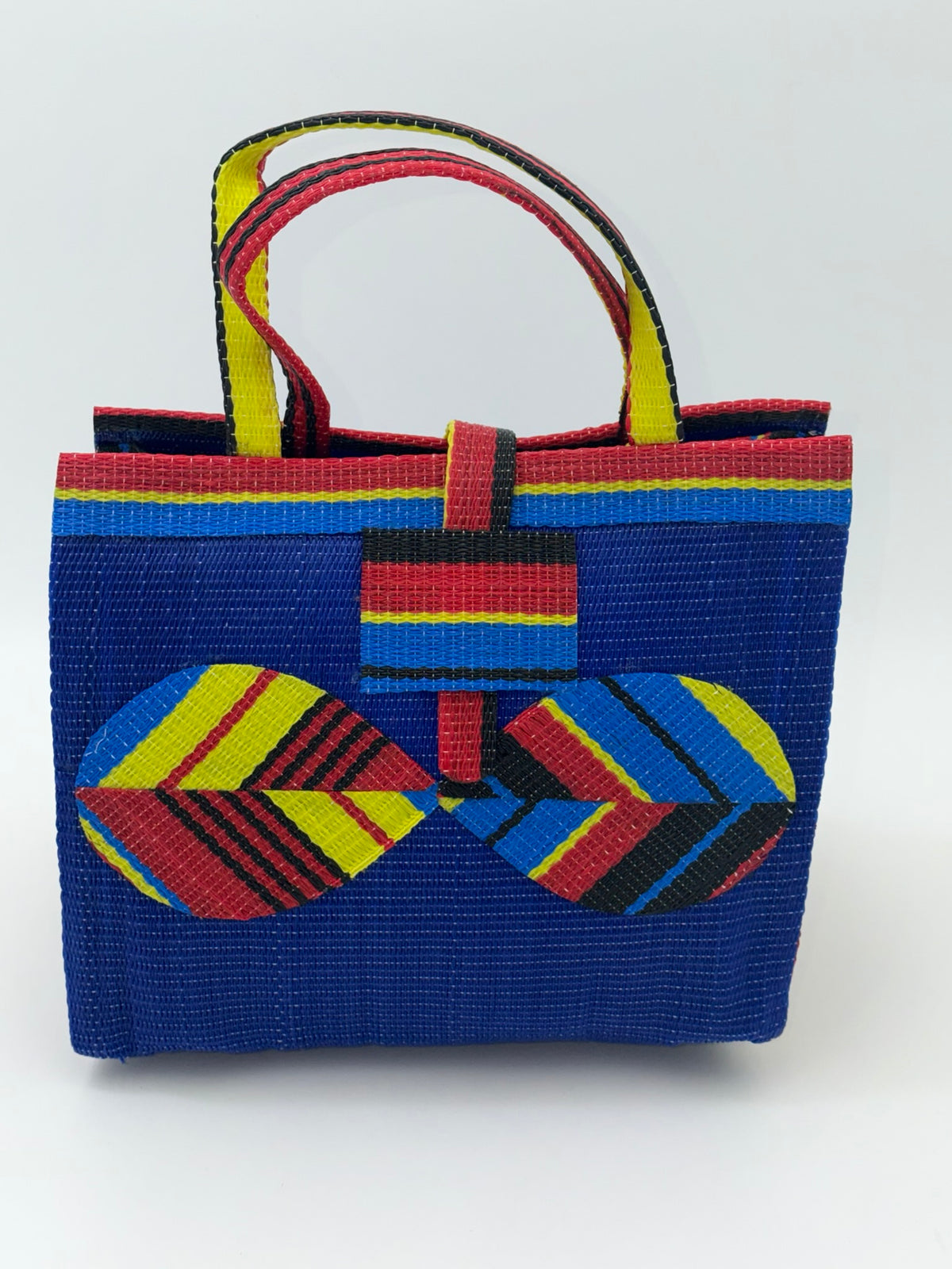 Berry Medium handwoven tote bag by SCRUBIES in Blue,Red,Yellow,Black, with Solid design and Bow accent pattern