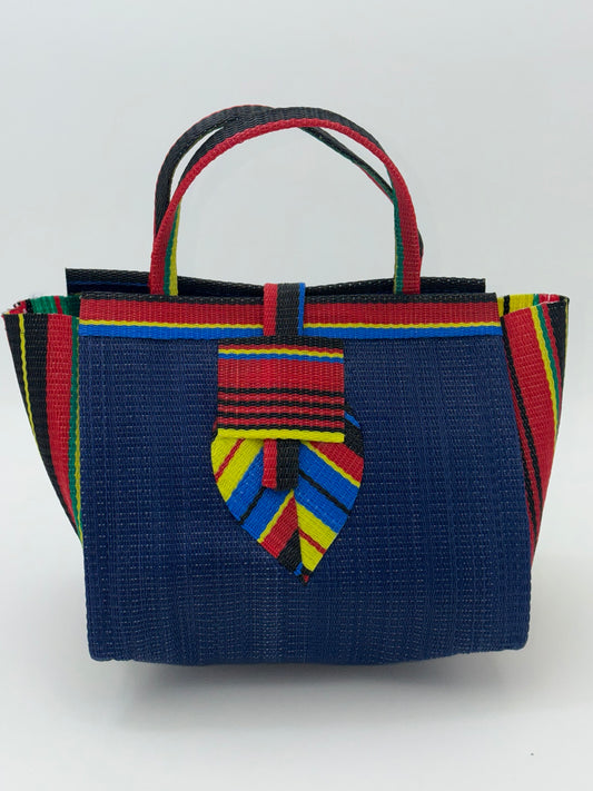 Berry Medium handwoven tote bag by SCRUBIES in Blue,Red,Yellow,Black, with Solid design and Leaf accent pattern