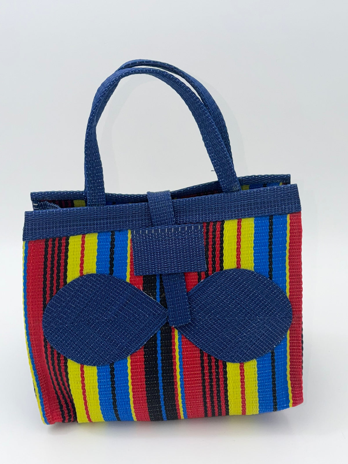 Africana Medium handwoven tote bag by SCRUBIES in Blue,Red,Yellow,Black, with Stripes design and Bow accent pattern
