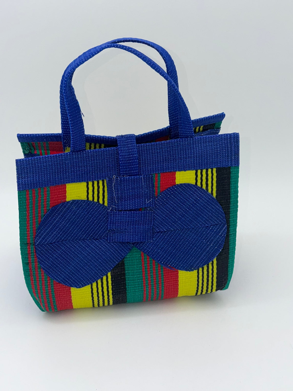 Africana Medium handwoven tote bag by SCRUBIES in Blue,Red,Yellow,Black,Green with Stripes design and Bow accent pattern