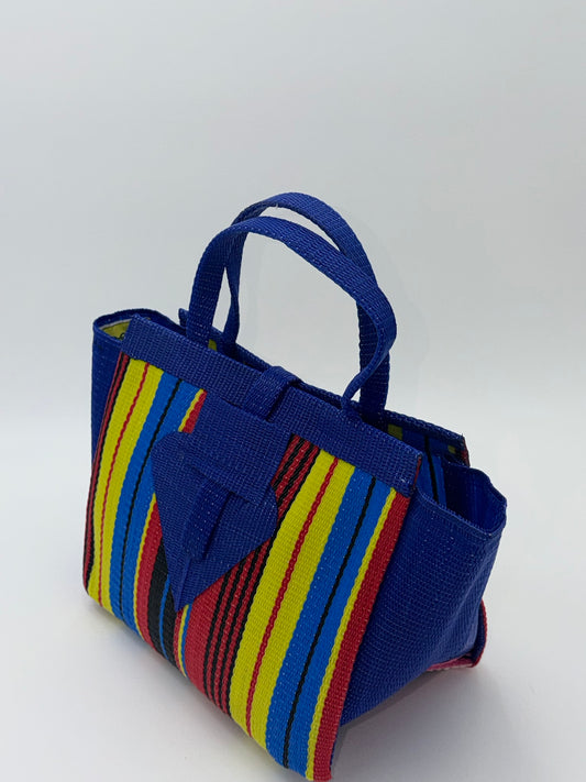 Africana Medium handwoven tote bag by SCRUBIES in Blue,Red,Yellow,Black, with Stripes design and Leaf accent pattern