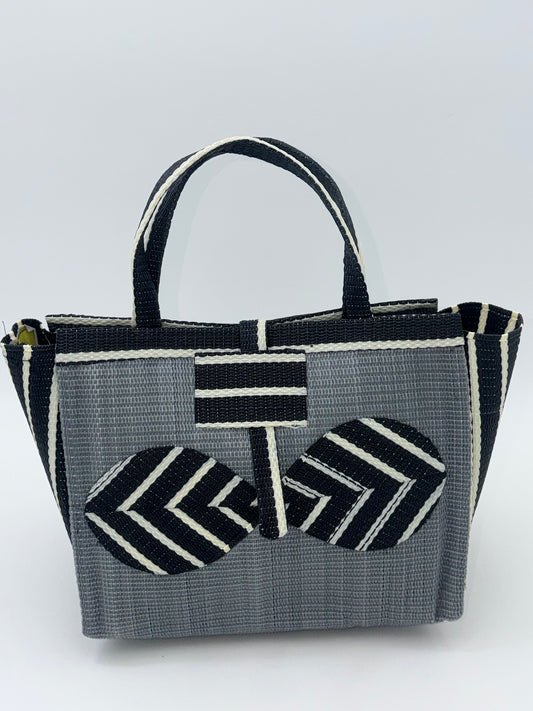 Metallic Medium handwoven tote bag by SCRUBIES in Gray,Black,White with Solid design and Bow accent pattern
