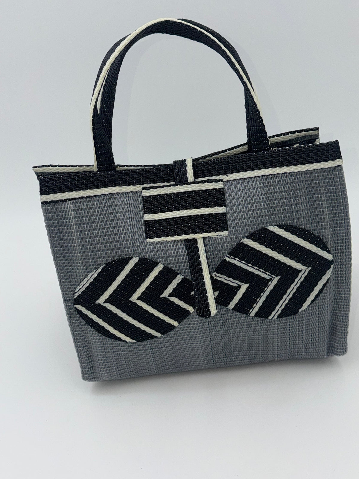 Metallic Medium handwoven tote bag by SCRUBIES in Gray,Black,White with Solid design and Bow accent pattern