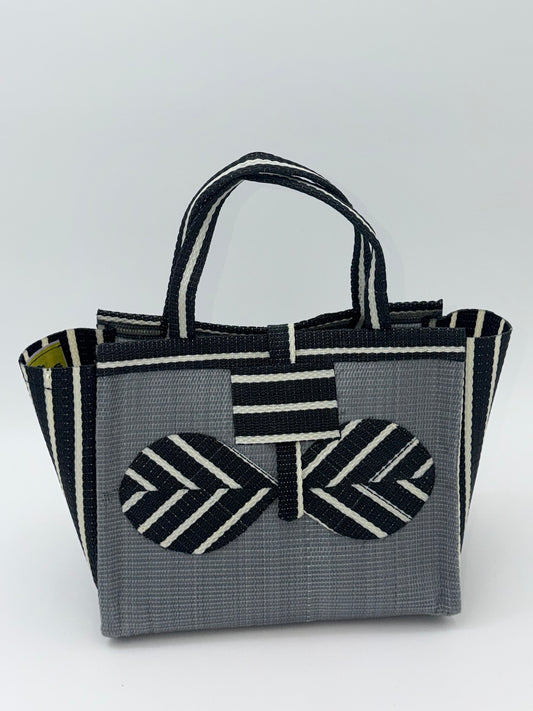 Metallic Medium handwoven tote bag by SCRUBIES in Gray,Black,White with Solid design and Bow accent pattern