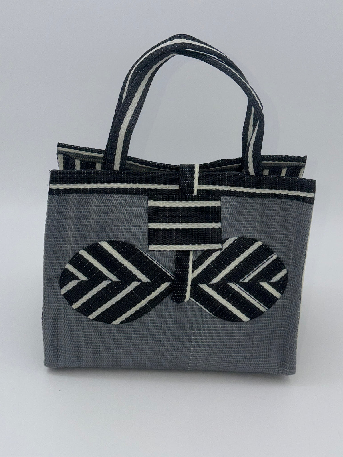Metallic Medium handwoven tote bag by SCRUBIES in Gray,Black,White with Solid design and Bow accent pattern