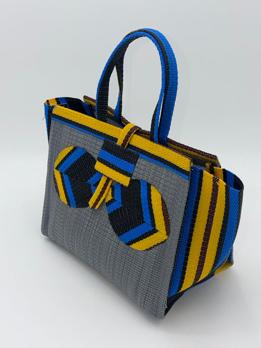Metallic Medium handwoven tote bag by SCRUBIES in Gray,Yellow,Blue,Black with Solid design and Bow accent pattern