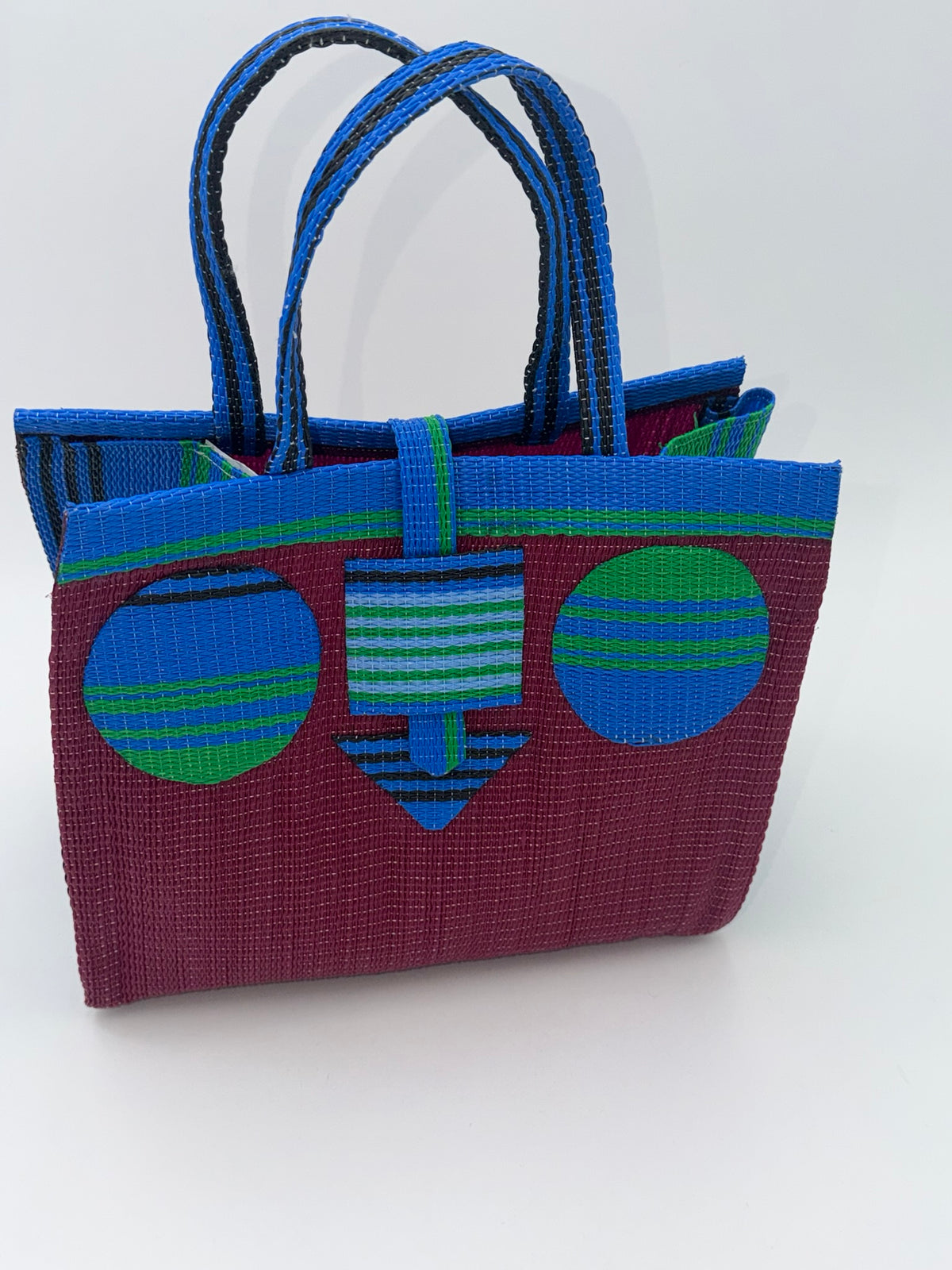 Winery Medium handwoven tote bag by SCRUBIES in Wine,Blue,Green, with Solid design and Circle accent pattern