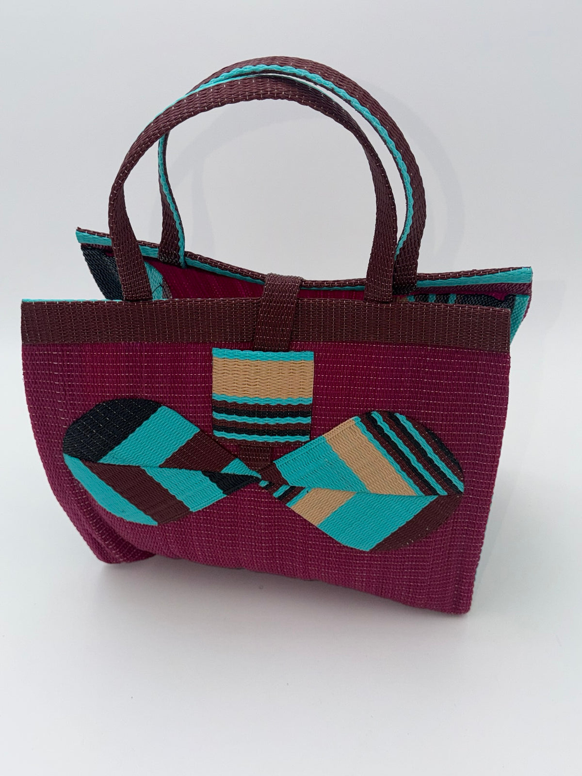 Winery Medium handwoven tote bag by SCRUBIES in Wine,Teal,Black,Beige with Solid design and Bow accent pattern