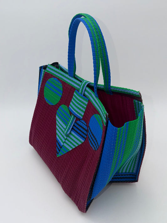 Winery Medium handwoven tote bag by SCRUBIES in Wine,Blue,Green, with Solid design and Circle accent pattern