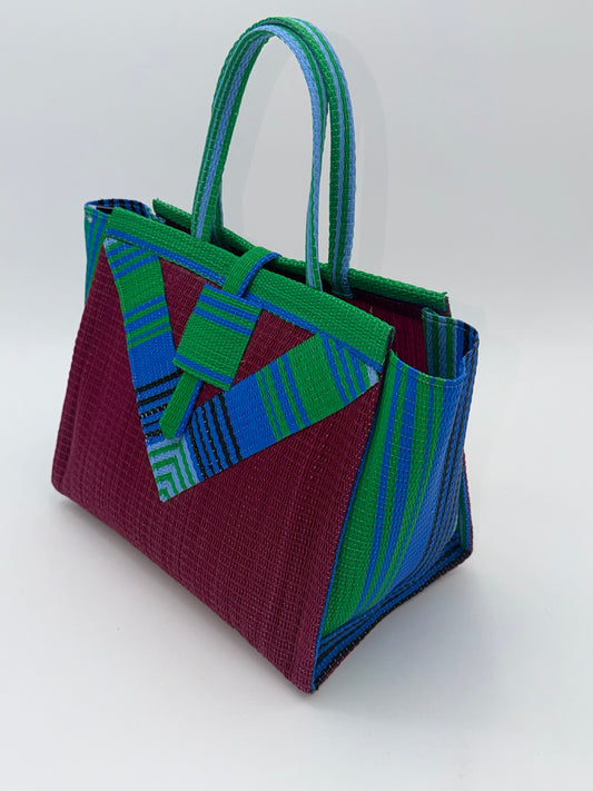 Winery Medium handwoven tote bag by SCRUBIES in Wine,Blue,Green, with Solid design and Vee accent pattern