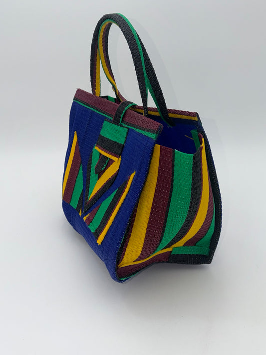 Berry Medium handwoven tote bag by SCRUBIES in Blue,Yellow,Wine,Green,Black with Solid design and Abstract accent pattern