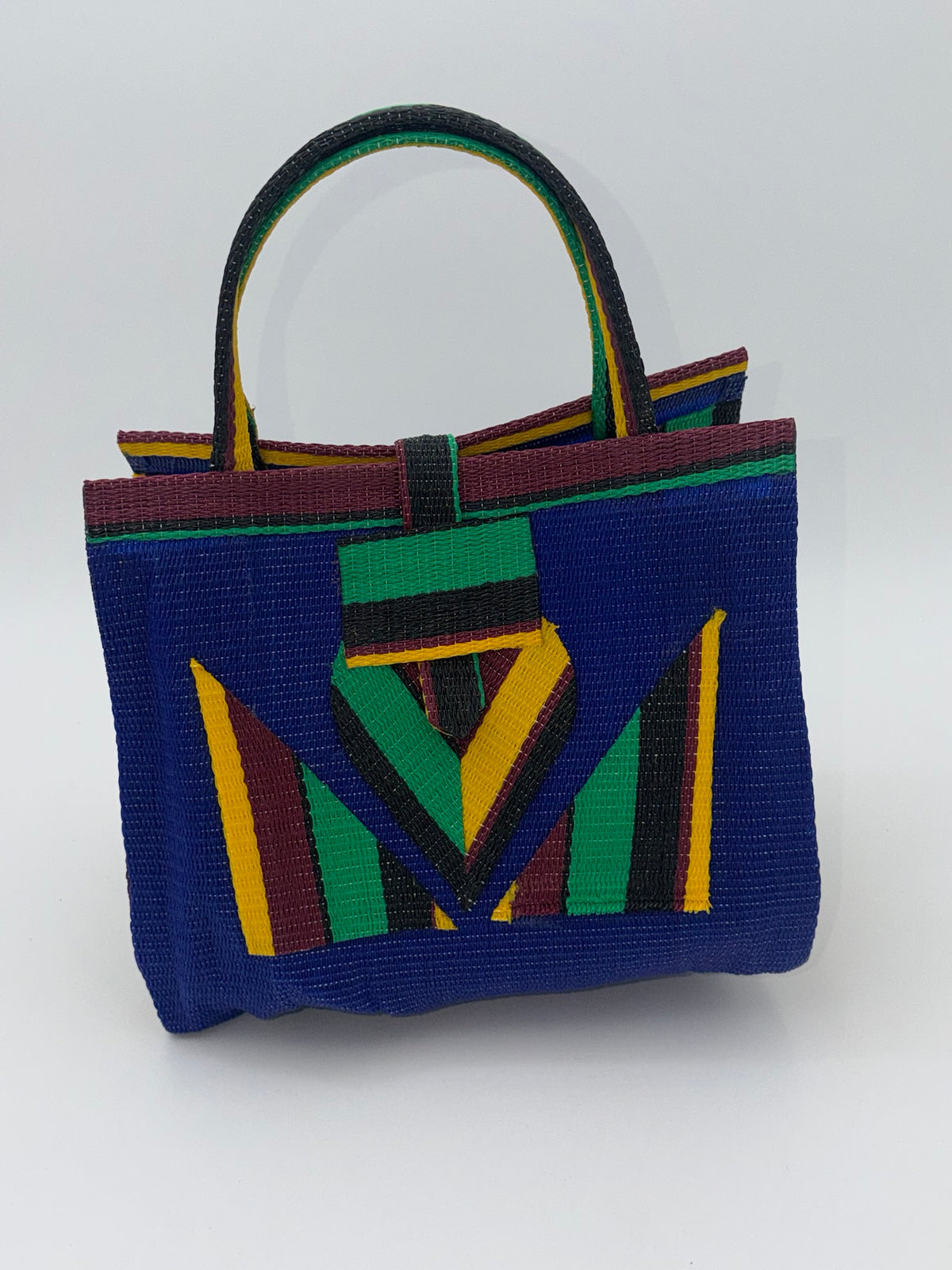 Berry Medium handwoven tote bag by SCRUBIES in Blue,Yellow,Wine,Green,Black with Solid design and Abstract accent pattern
