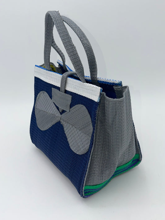 Berry Medium handwoven tote bag by SCRUBIES in Blue,Gray,White with Solid design and Bow accent pattern