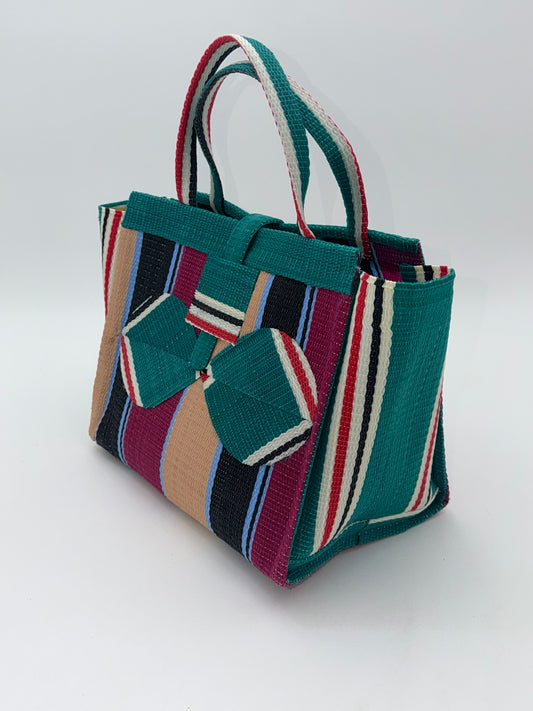 Winery Medium handwoven tote bag by SCRUBIES in Green,Beige,Black,Wine, with Stripes design and Bow accent pattern