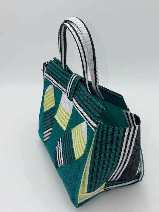 Emerald Medium handwoven tote bag by SCRUBIES in Green,White,Black with Solid design and Leaf accent pattern