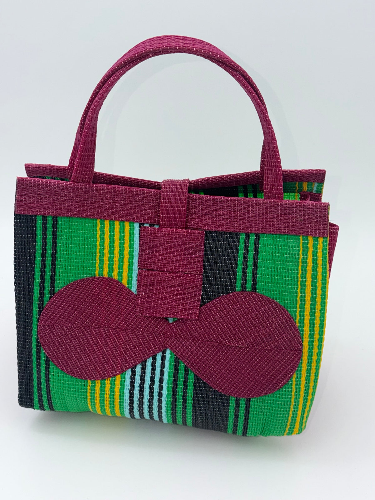 Emerald Medium handwoven tote bag by SCRUBIES in Wine,Green,Yellow,Black with Stripes design and Bow accent pattern