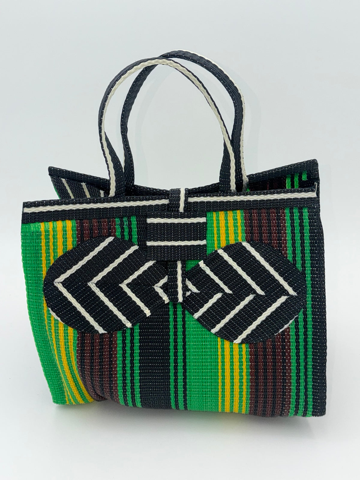 Emerald Medium handwoven tote bag by SCRUBIES in Green,Yellow,Brown,Black,White with Stripes design and Bow accent pattern