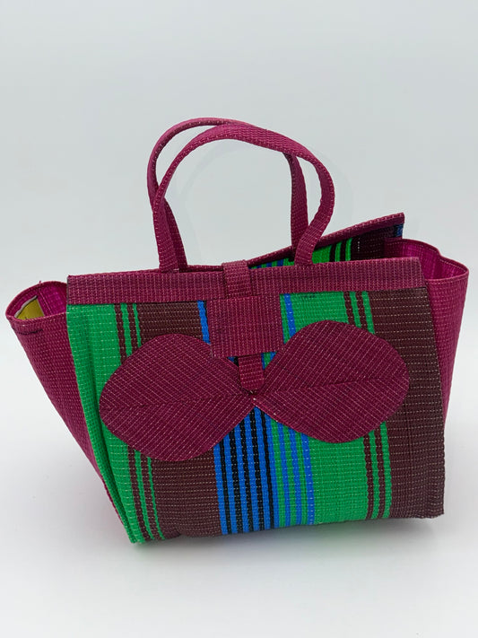 Emerald Medium handwoven tote bag by SCRUBIES in Wine,Green,Brown,Blue with Stripes design and Bow accent pattern