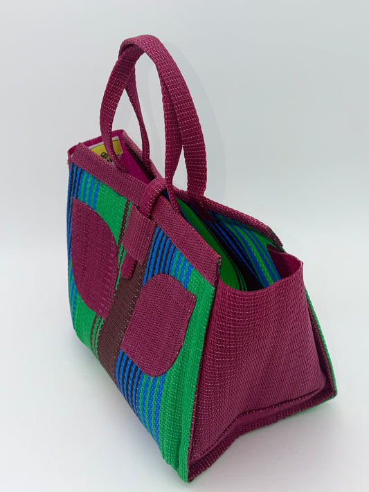 Emerald Medium handwoven tote bag by SCRUBIES in Wine,Green,Brown,Blue with Stripes design and Leaf accent pattern