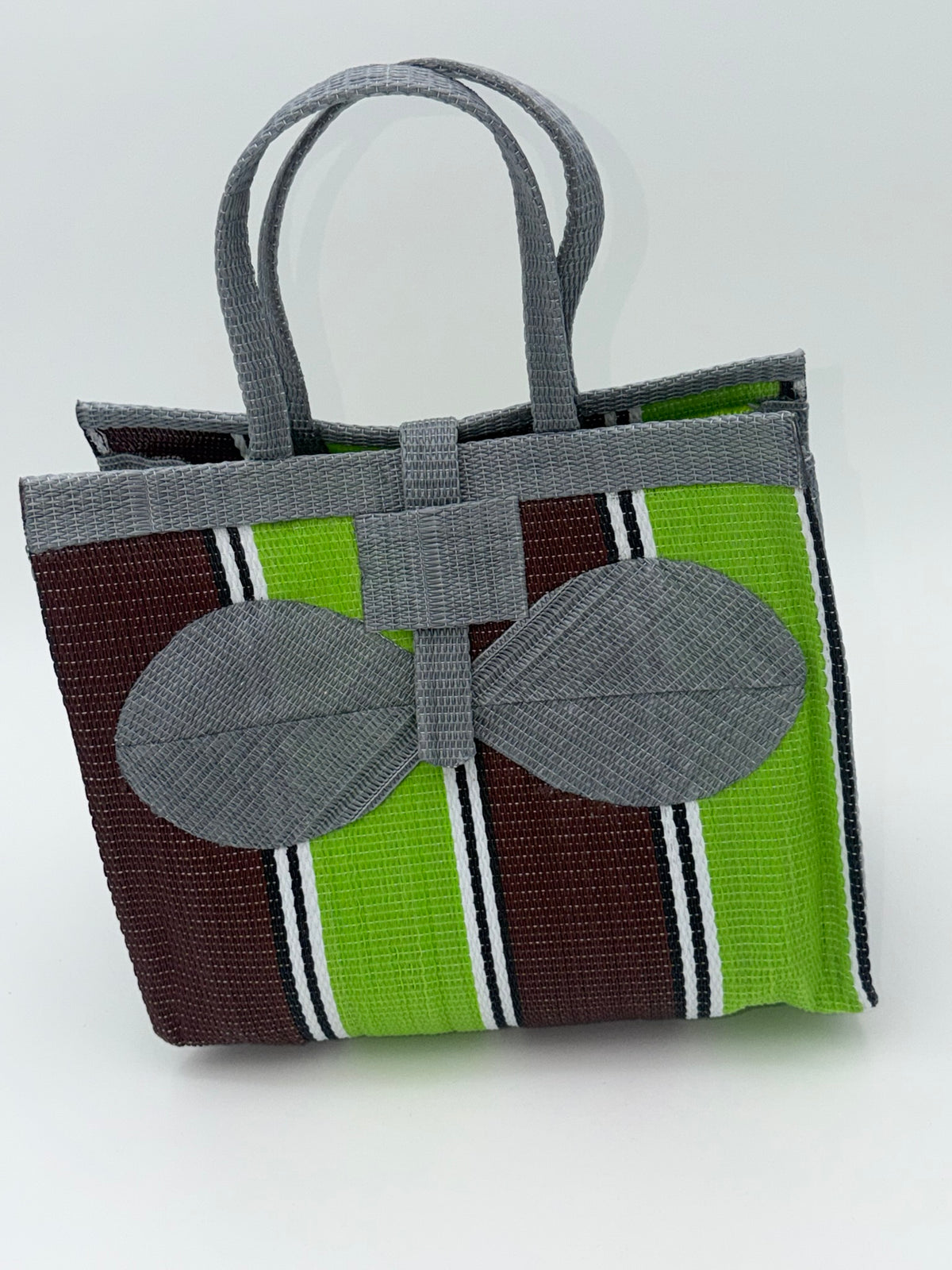 Emerald Medium handwoven tote bag by SCRUBIES in Gray,Green,Brown,White with Stripes design and Bow accent pattern
