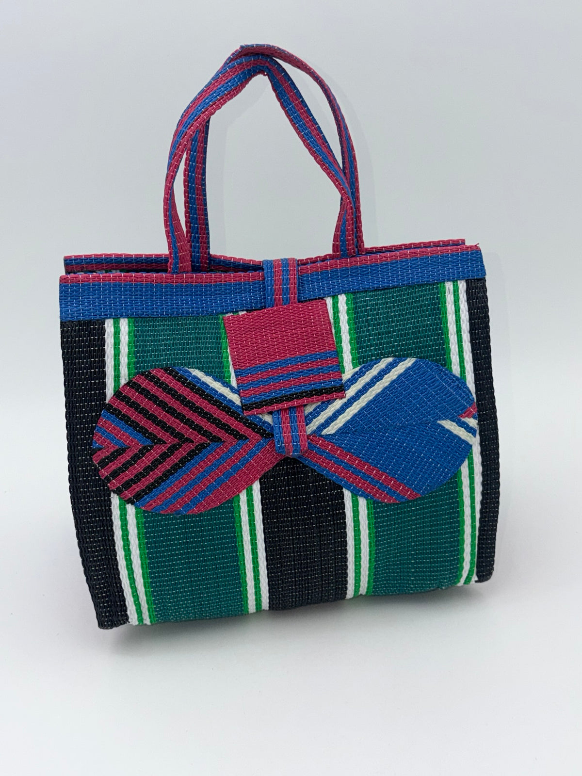 Emerald Medium handwoven tote bag by SCRUBIES in Pink,Green,Black,White,Blue, with Stripes design and Bow accent pattern