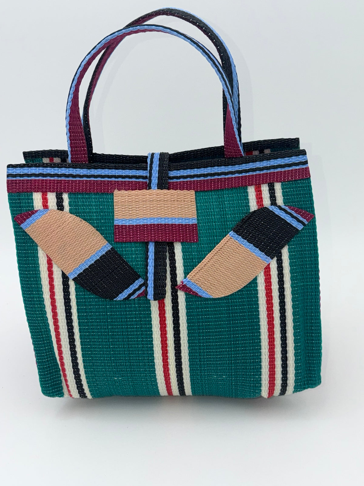 Emerald Medium handwoven tote bag by SCRUBIES in Green,Beige,Wine,Black,White with Stripes design and Leaf accent pattern