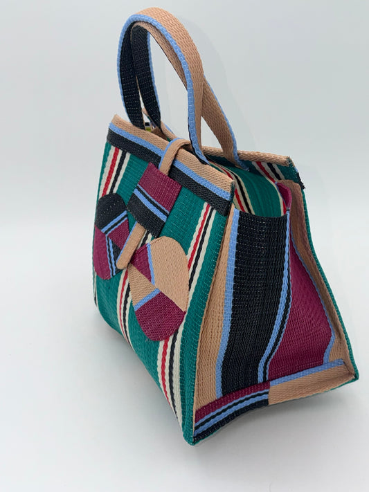 Emerald Medium handwoven tote bag by SCRUBIES in Green,Beige,Wine,Black,White with Stripes design and Bow accent pattern