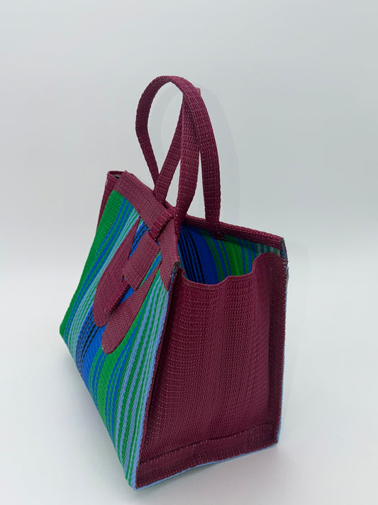 Emerald Medium handwoven tote bag by SCRUBIES in Wine,Blue,Green, with Stripes design and Leaf accent pattern