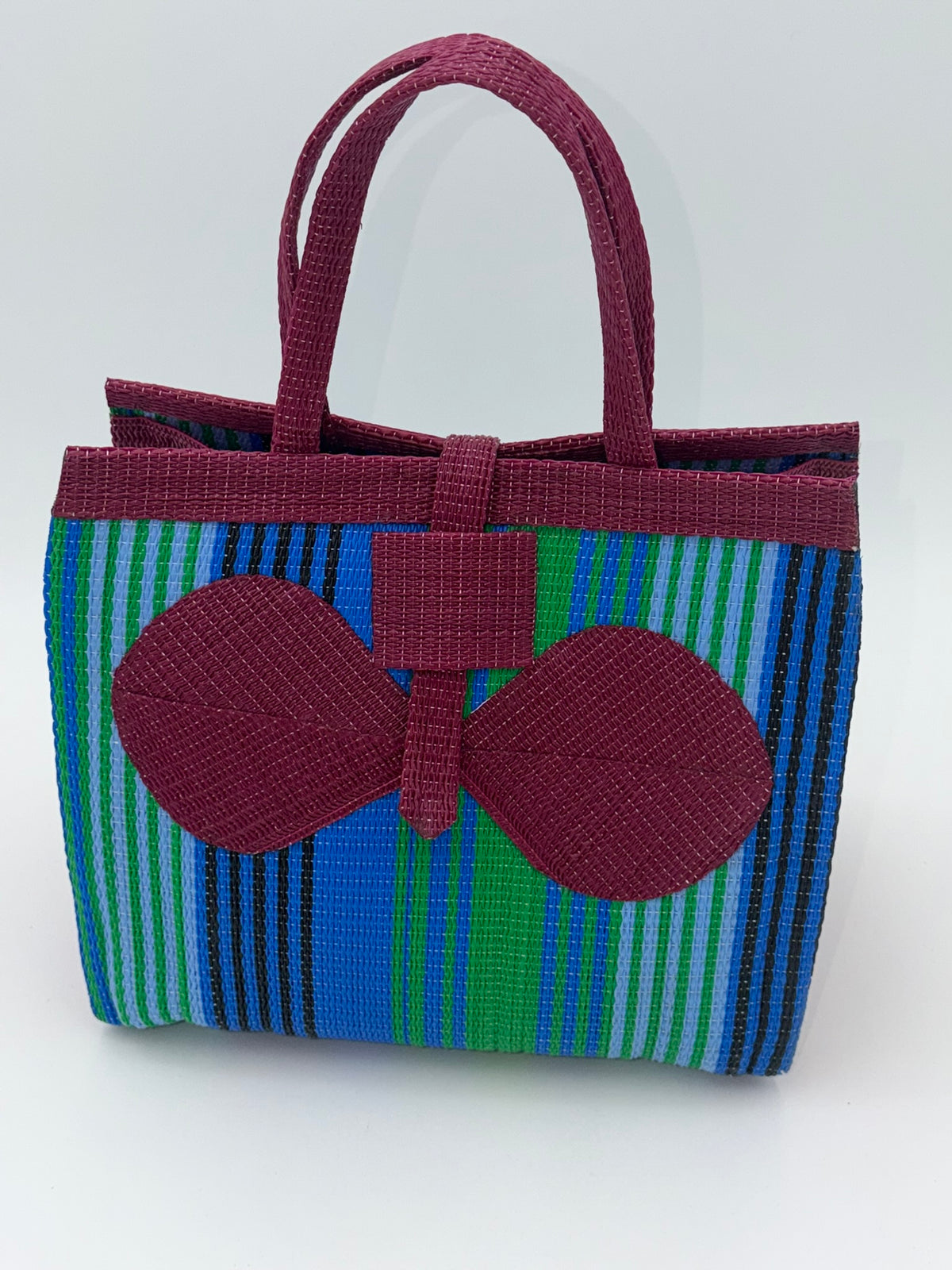 Emerald Medium handwoven tote bag by SCRUBIES in Wine,Blue,Green, with Stripes design and Bow accent pattern