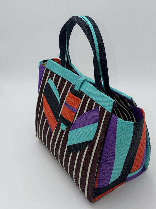 Brownie Medium handwoven tote bag by SCRUBIES in Brown,Teal,Black,Orange with Stripes design and Leaf accent pattern