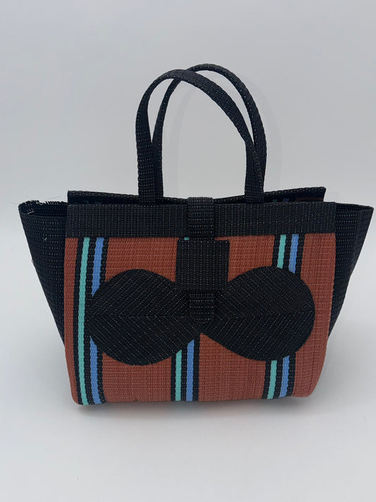 Brownie Medium handwoven tote bag by SCRUBIES in Brown,Black,Blue with Stripes design and Bow accent pattern