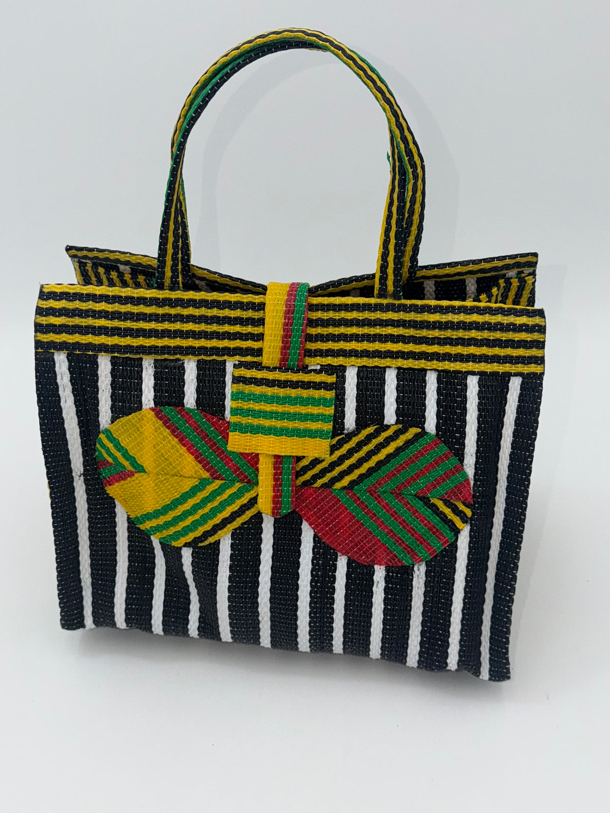 Panda Medium handwoven tote bag by SCRUBIES in Black,White,Yellow,Red with Stripes design and Bow accent pattern