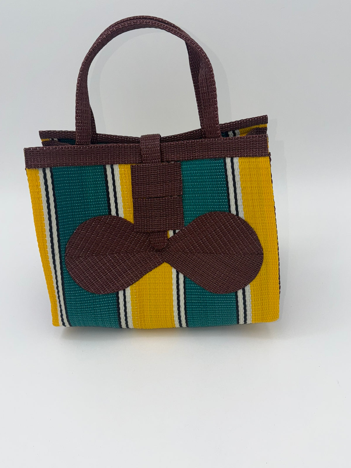 Sunshine Medium handwoven tote bag by SCRUBIES in Brown,Green,Yellow with Block design and Bow accent pattern