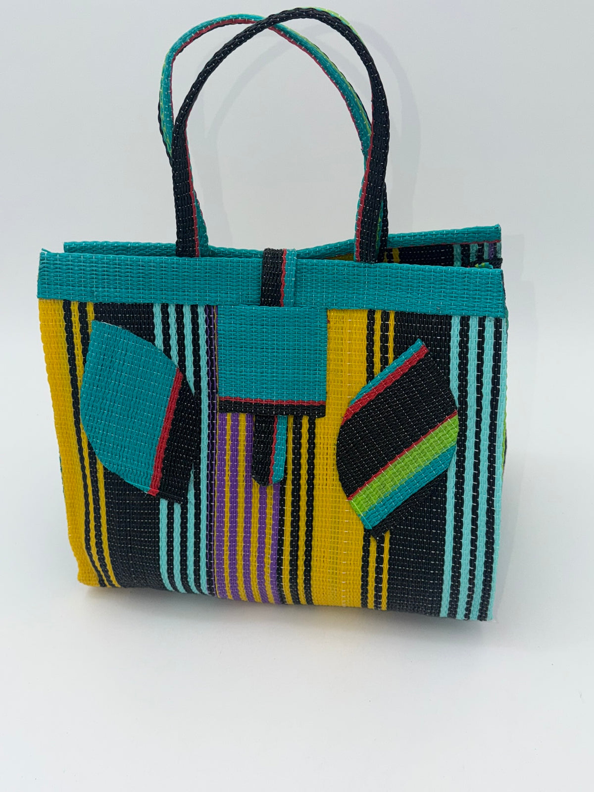 Sunshine Medium handwoven tote bag by SCRUBIES in Teal,Yellow,Black with Stripes design and Leaf accent pattern