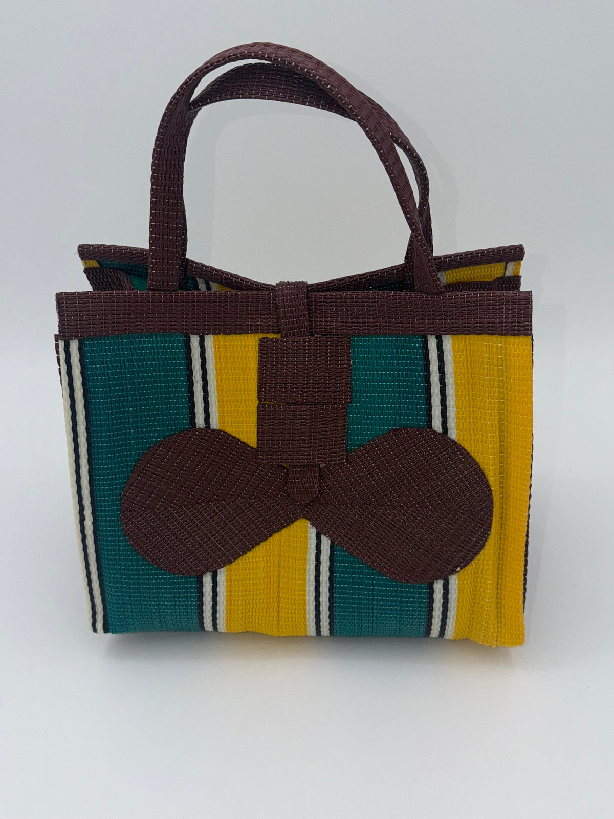 Sunshine Medium handwoven tote bag by SCRUBIES in Brown,Green,Yellow with Block design and Bow accent pattern