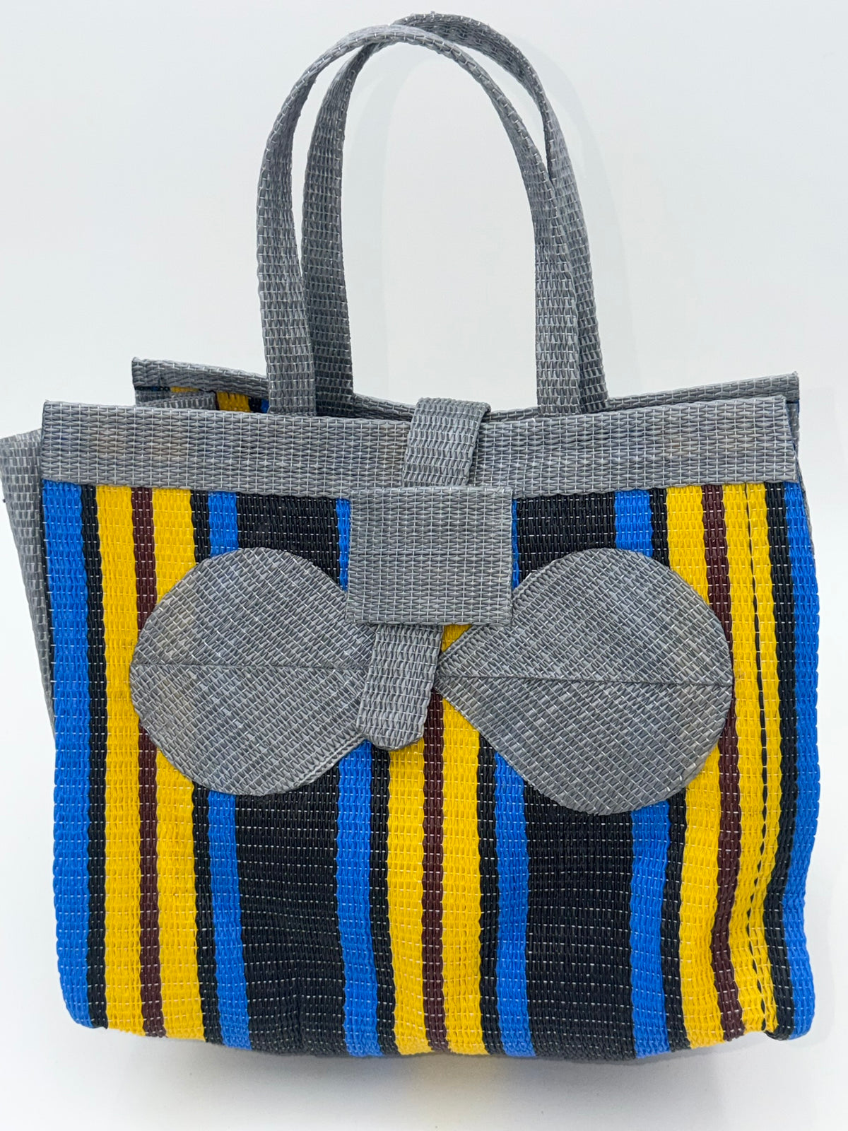 Sunshine Medium handwoven tote bag by SCRUBIES in Gray,Blue,Yellow,Black with Stripes design and Bow accent pattern