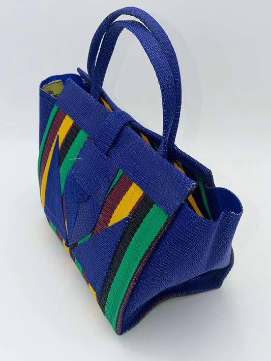 Sunshine Medium handwoven tote bag by SCRUBIES in Blue,Green,Wine,Yellow,Black with Stripes design and Abstract accent pattern