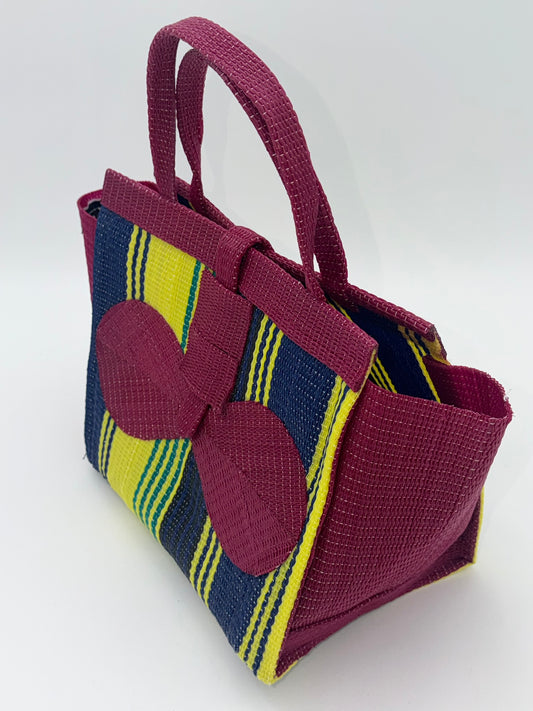 Sunshine Medium handwoven tote bag by SCRUBIES in Wine,Yellow,Blue with Stripes design and Bow accent pattern