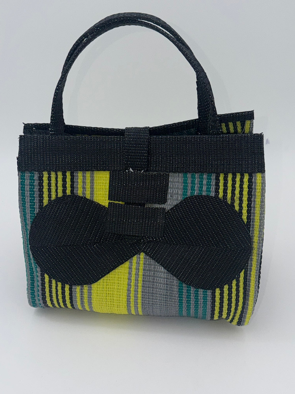Sunshine Medium handwoven tote bag by SCRUBIES in Black,Yellow,Gray with Stripes design and Bow accent pattern