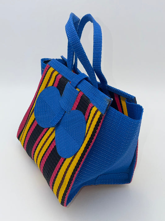Sunshine Medium handwoven tote bag by SCRUBIES in Blue,Yellow,Pink,Black with Stripes design and Bow accent pattern