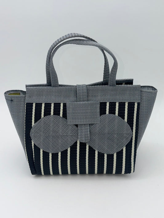 Panda Medium handwoven tote bag by SCRUBIES in Black,White,Gray with Stripes design and Bow accent pattern