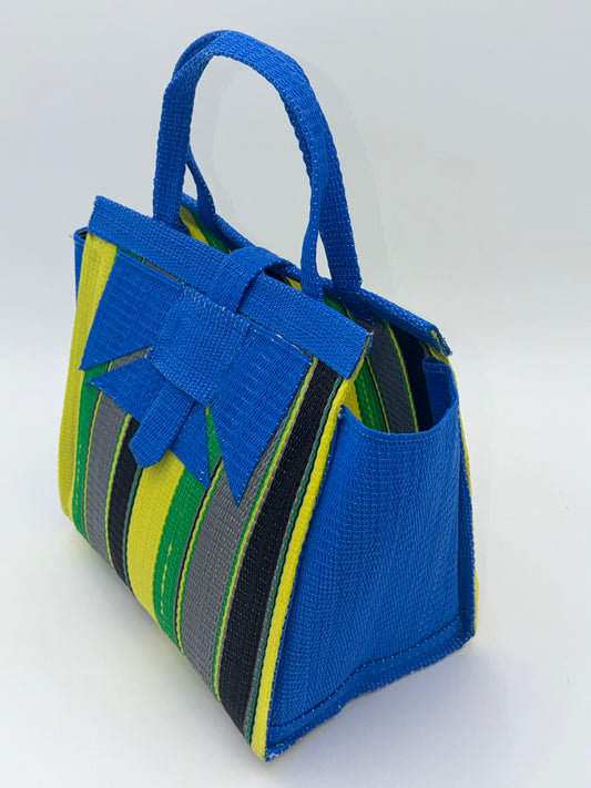 Sunshine Medium handwoven tote bag by SCRUBIES in Blue,Yellow,Green,Gray,Black with Stripes design and Abstract accent pattern