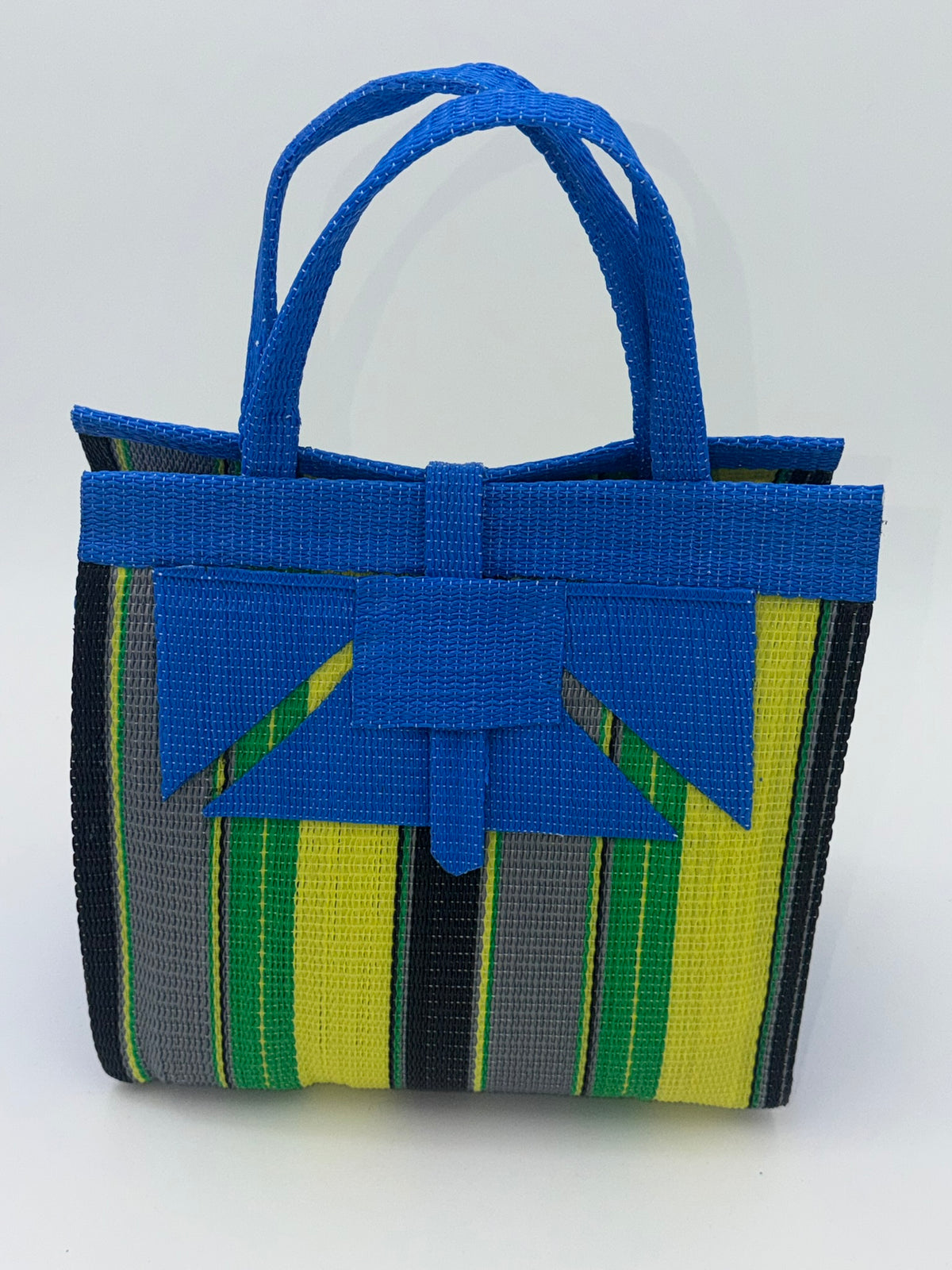 Sunshine Medium handwoven tote bag by SCRUBIES in Blue,Yellow,Green,Gray,Black with Stripes design and Abstract accent pattern