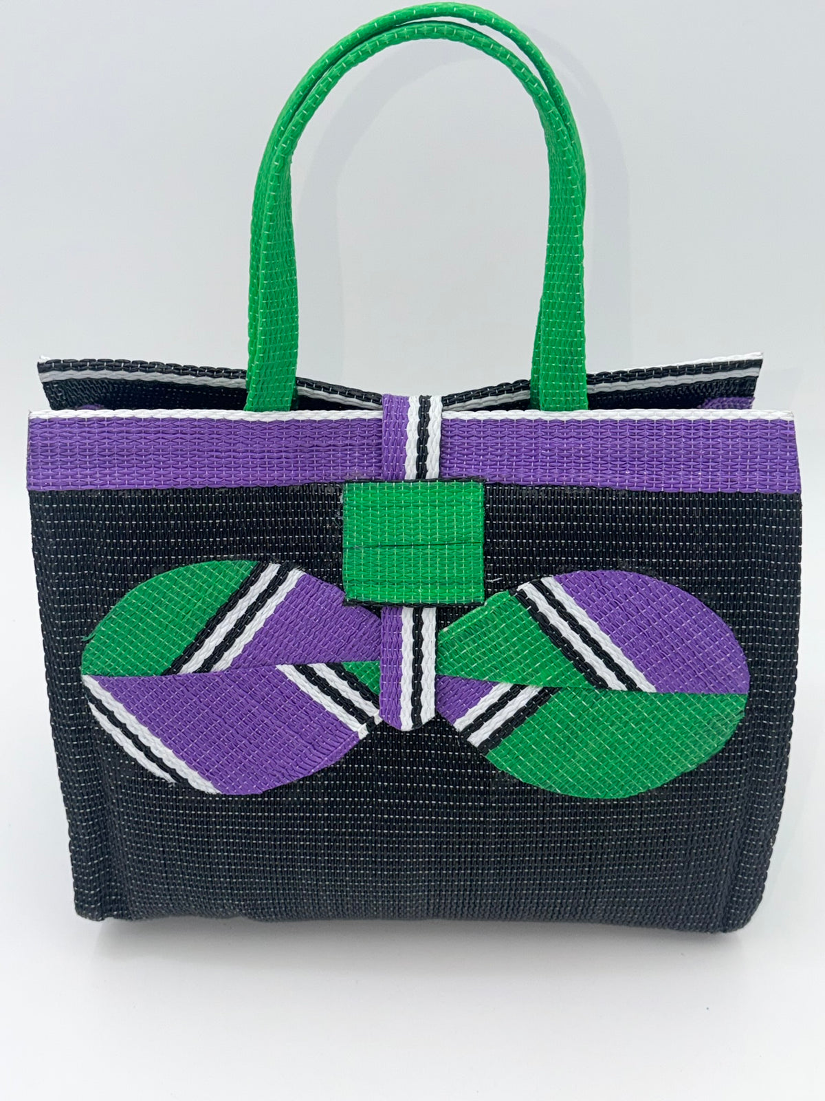 Midnight Medium handwoven tote bag by SCRUBIES in Black,Purple,Green, with Solid design and Bow accent pattern