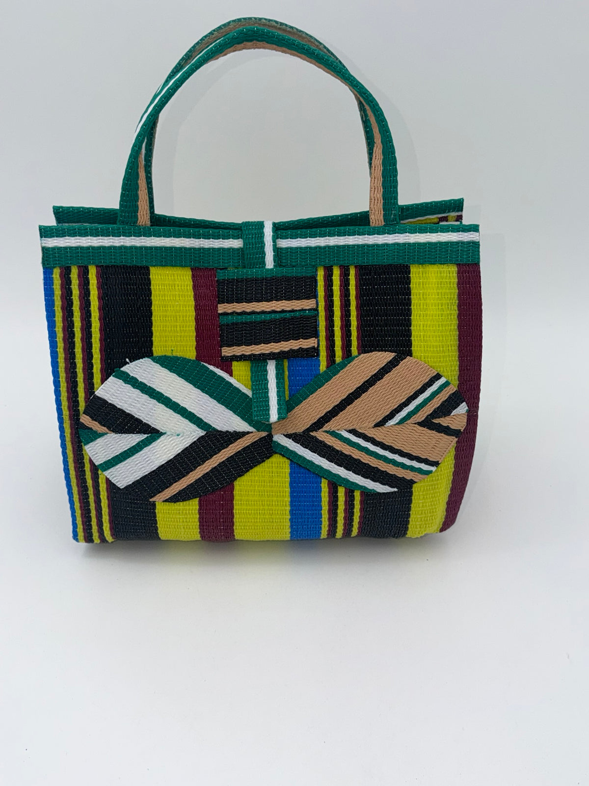Sunshine Medium handwoven tote bag by SCRUBIES in Yellow,Green,Wine,Black,Blue,Beige with Stripes design and Bow accent pattern