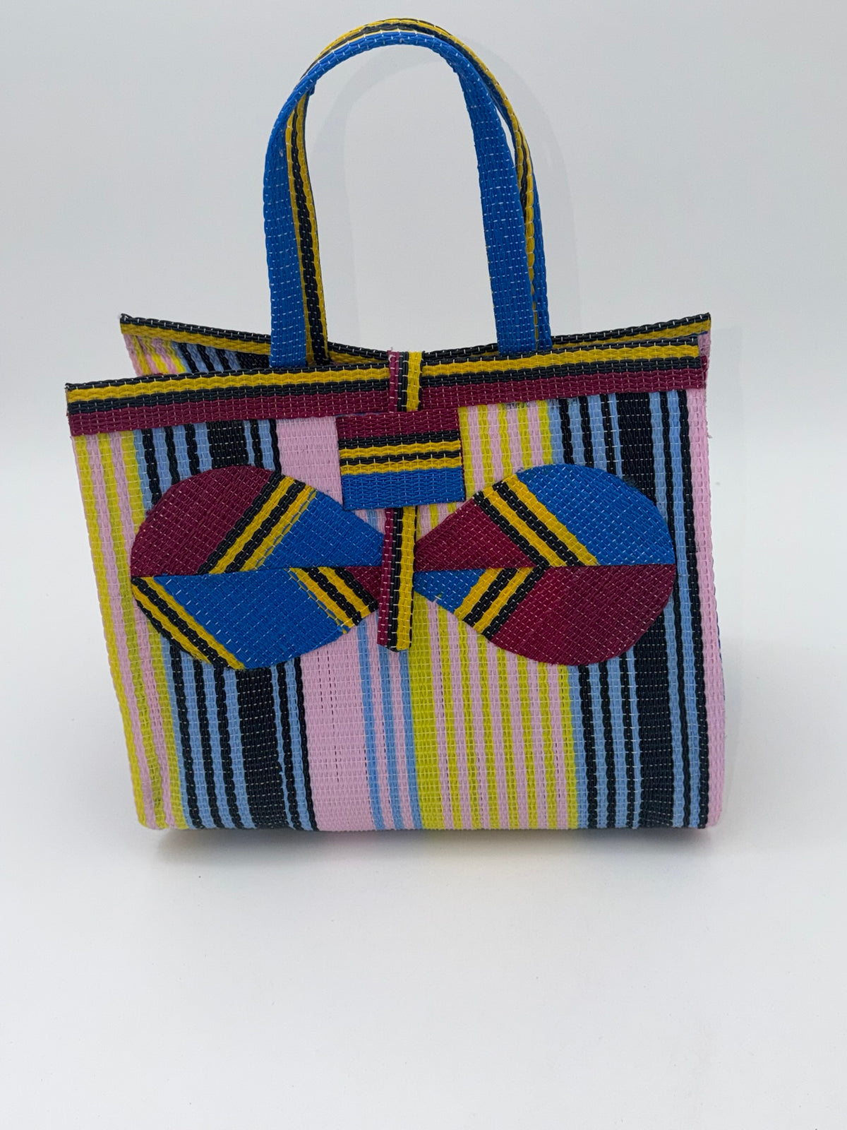 Candy Medium handwoven tote bag by SCRUBIES in Pink,Wine,Blue,Yellow with Stripes design and Bow accent pattern
