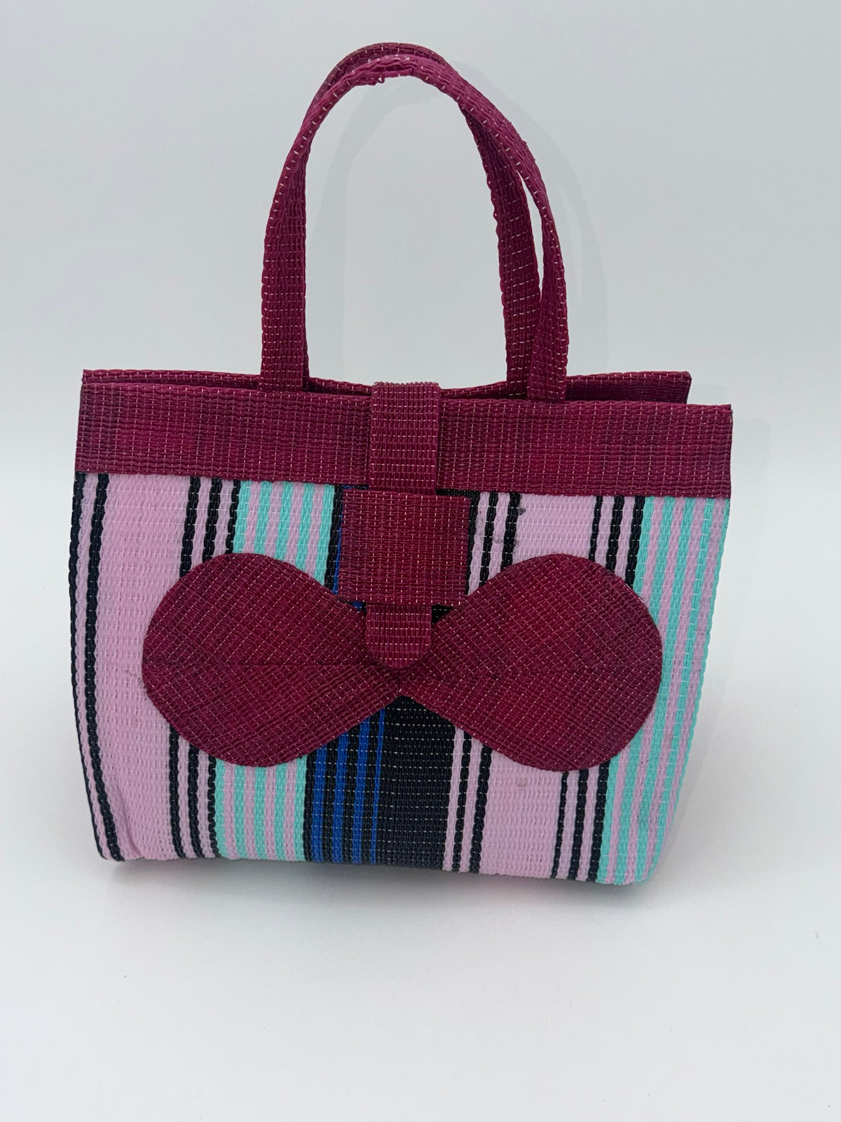 Candy Medium handwoven tote bag by SCRUBIES in Wine,Pink,Blue with Stripes design and Bow accent pattern
