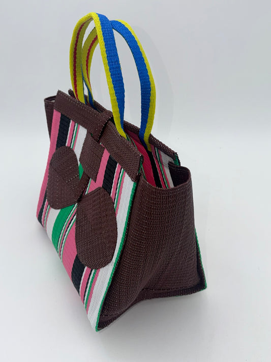 Candy Medium handwoven tote bag by SCRUBIES in Brown,Pink,Black,Green,White with Stripes design and Bow accent pattern
